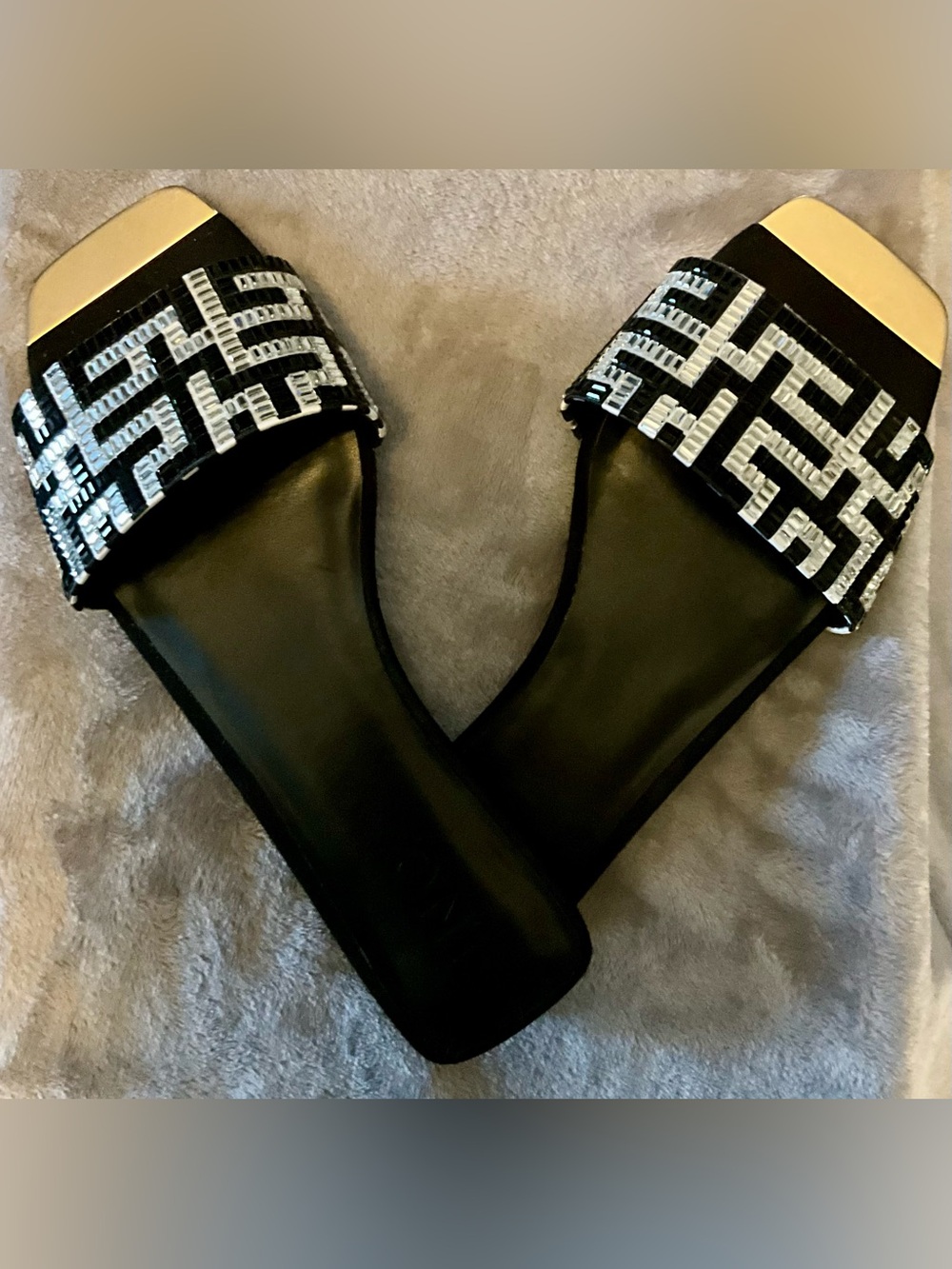 INC Size 8 Black & Silver Sandals With Gold Tip.